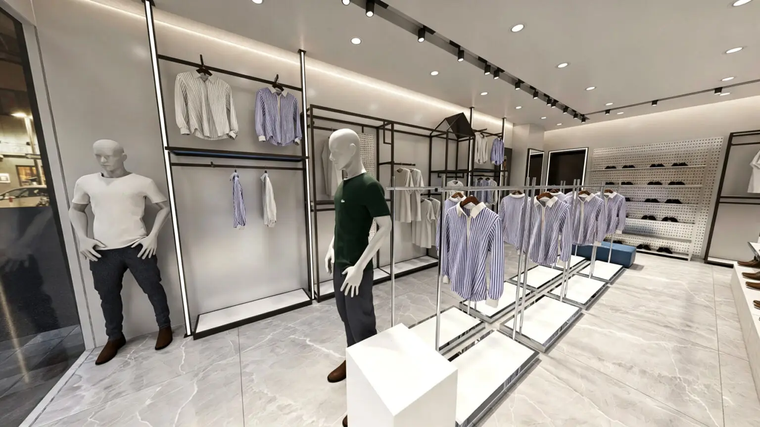 High-quality fiberglass male mannequins styled in casual menswear beside floor-standing island garment racks.
