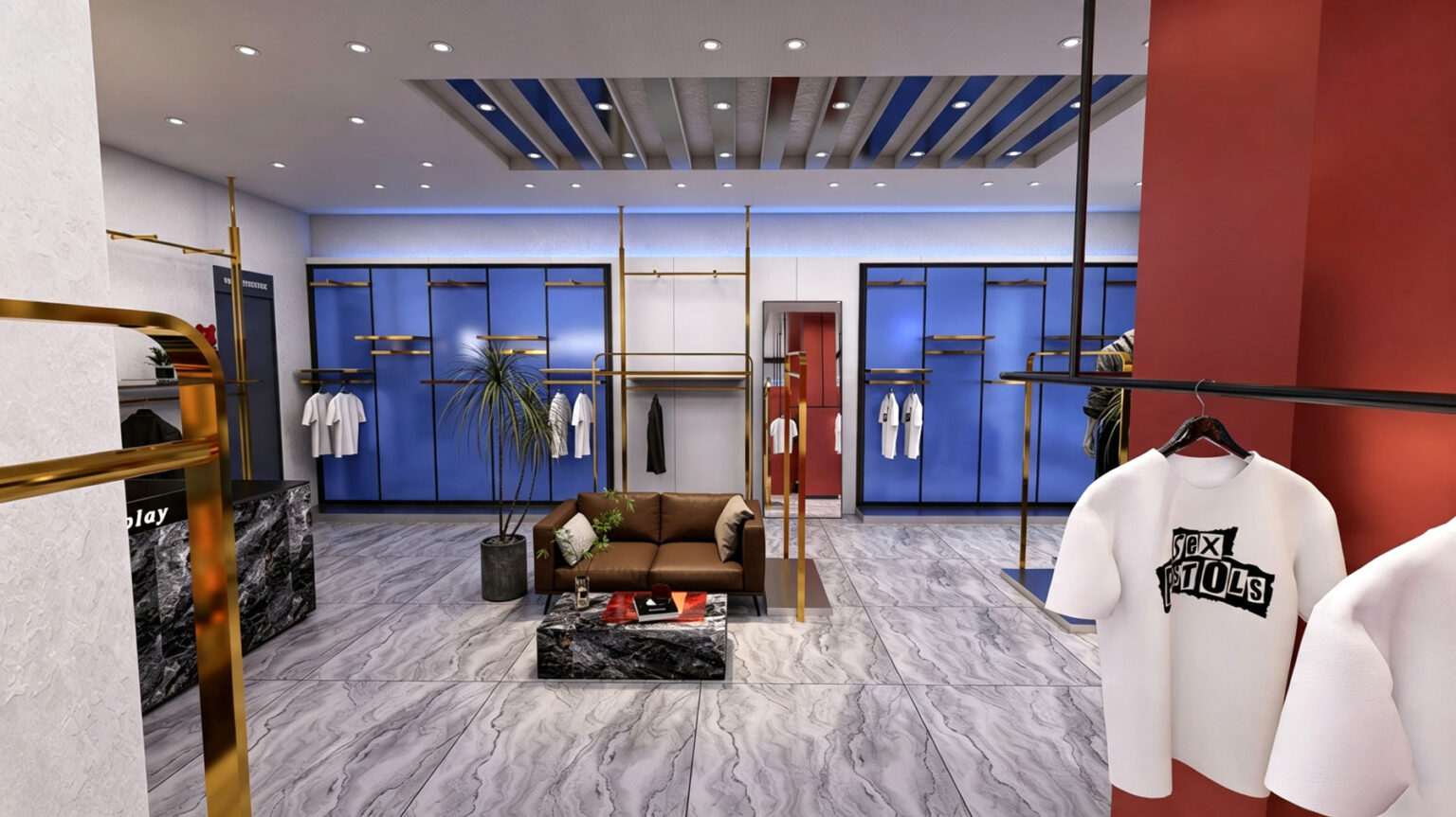 Rear fitting room entrances and central feature display table with gold mannequin