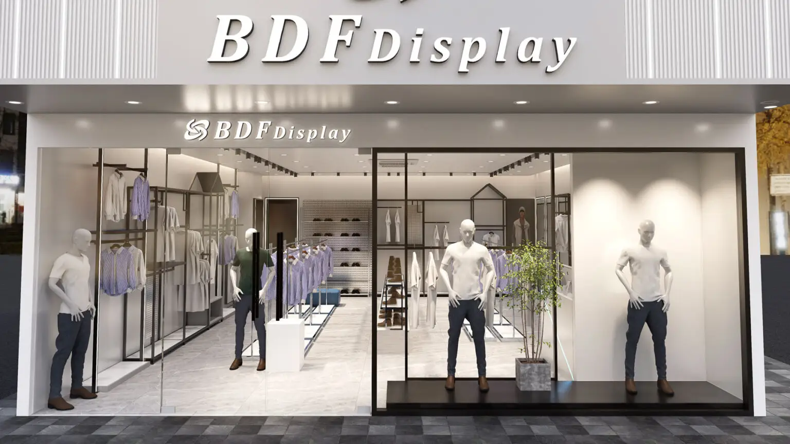 Glass window display with full-body male mannequins and custom metal garment racks at the store entrance.