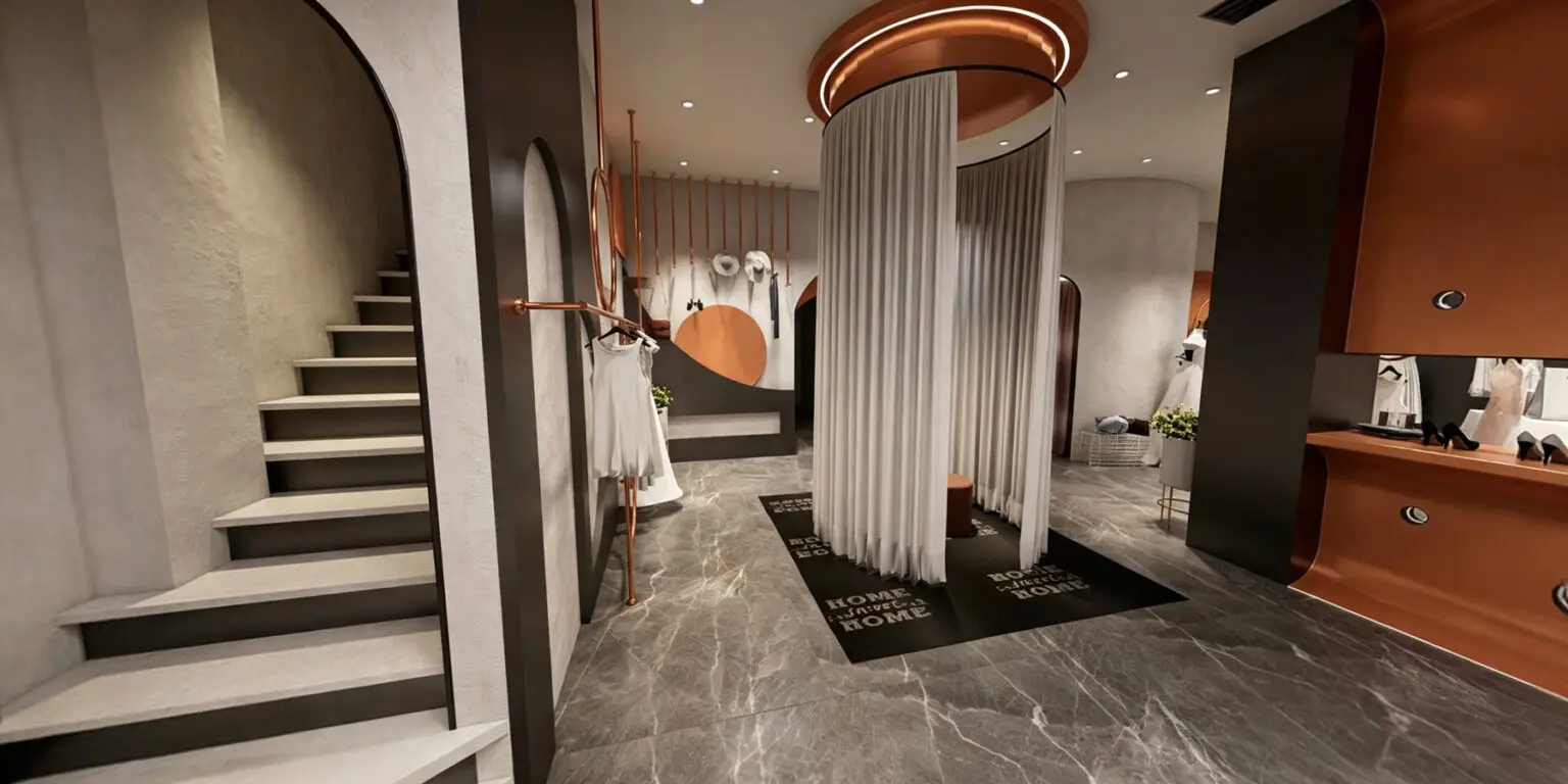 High-end wedding gown mannequin display paired with custom rose gold hanging rails and marble counters.