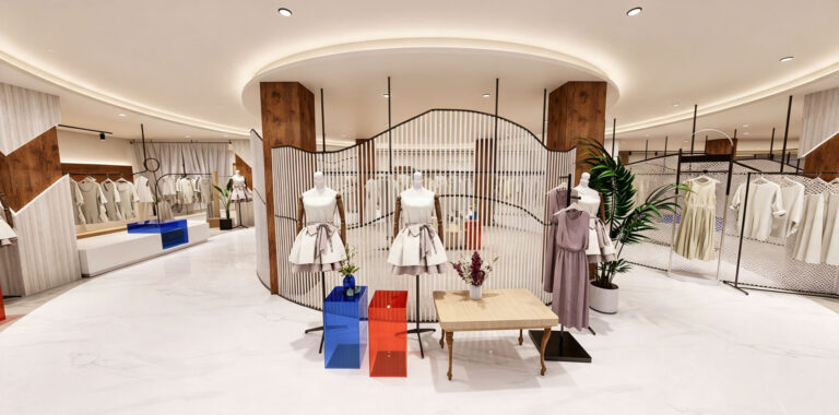 Wide panoramic view of 393.7m² female apparel store with illuminated cash wrap desk, wood column cladding, and central display racks.