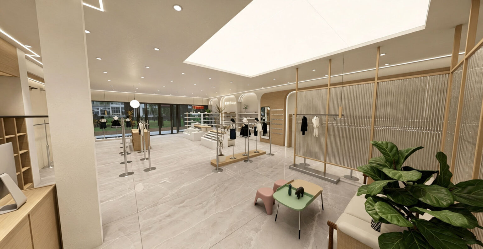 Freestanding brushed stainless steel garment racks on light marble floor tile in a retail boutique