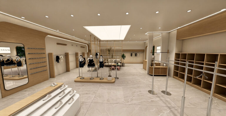 Wide-angle interior view looking toward the storefront glass doors with tiered footwear risers and clothing racks