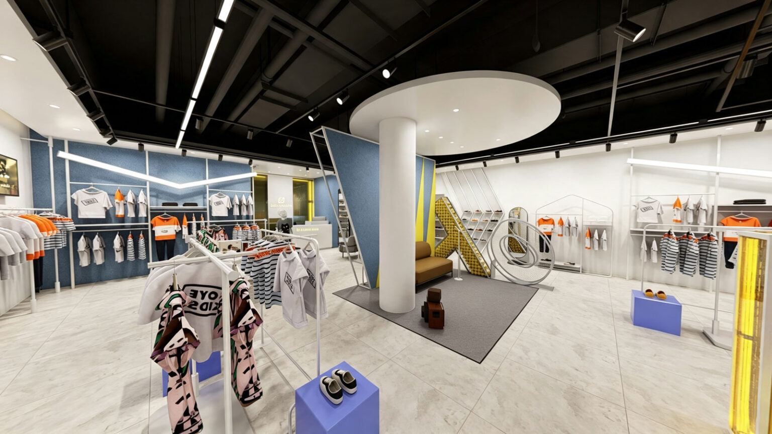 Minimalist white retail cashier desk, blue feature wall, large arched full-length mirrors, and fitting room entrance area