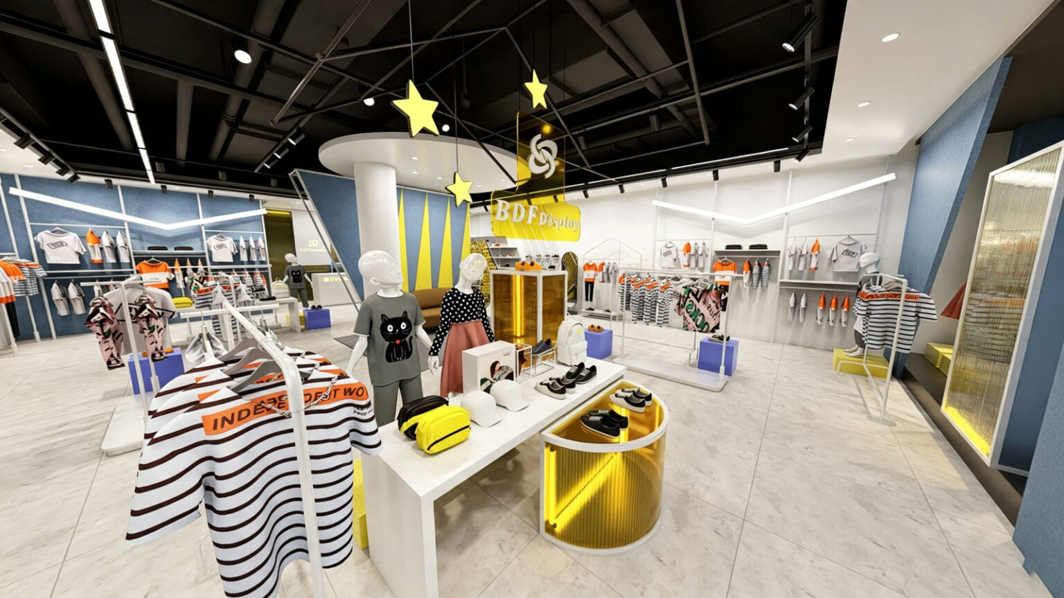 Store entrance view with yellow and white nesting display tables, kids mannequins, hanging garment racks, and yellow BDFDisplay sign