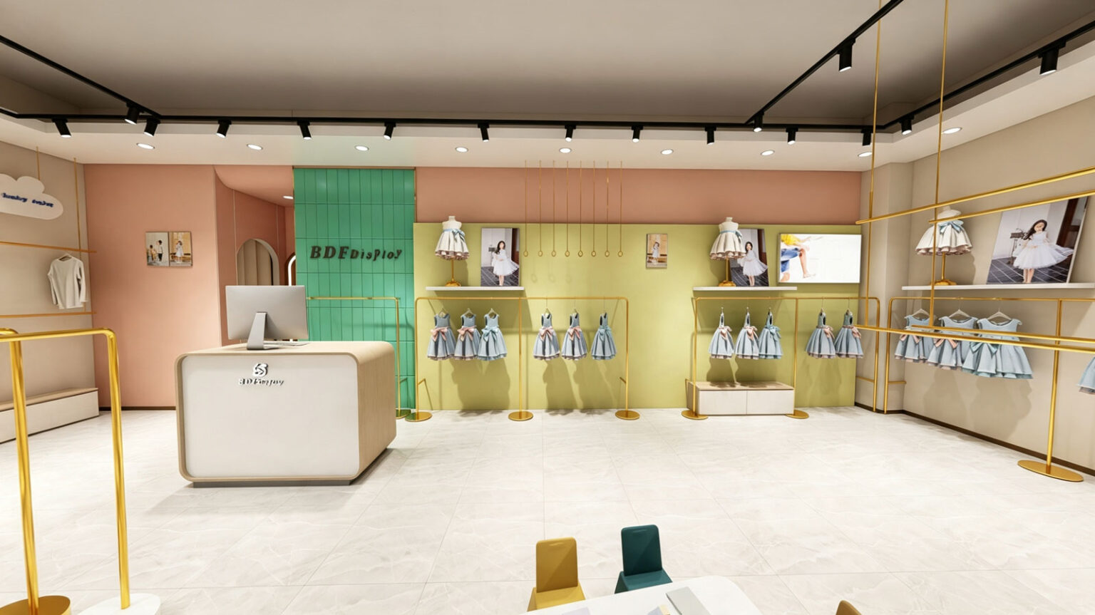 Modern white retail cashier desk with curved edges, gold BDFDisplay logo, and vibrant green tile feature wall