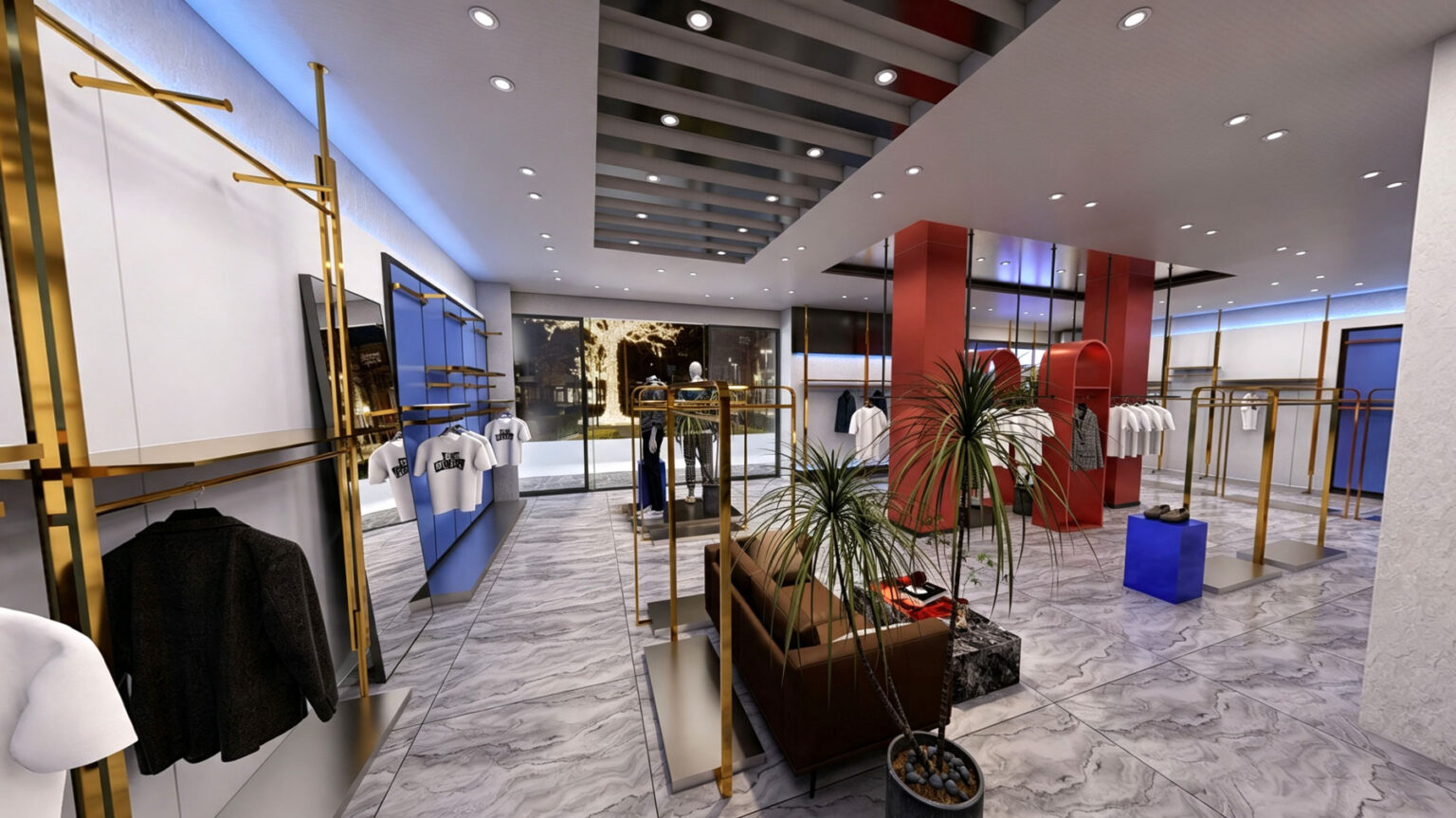 Brushed gold metal garment racks paired with electric blue wall panels in boutique interior