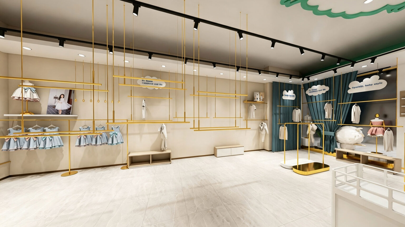 Full view of green BDFDisplay storefront facade, wide open entrance, gold window display frames, and interior boutique lighting