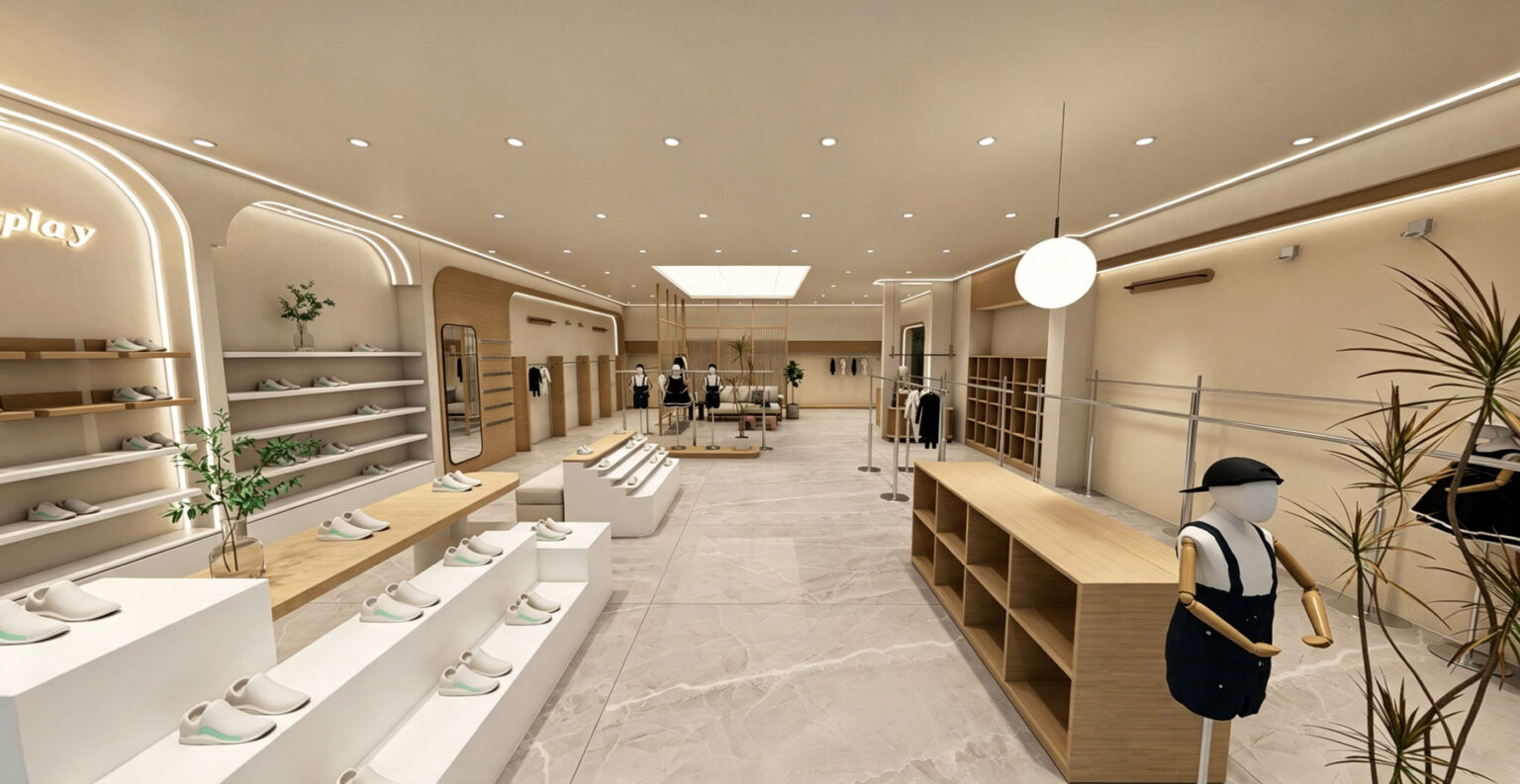 Boutique interior perspective featuring open oak cubby cabinets, white shoe risers, and stainless steel clothing rails
