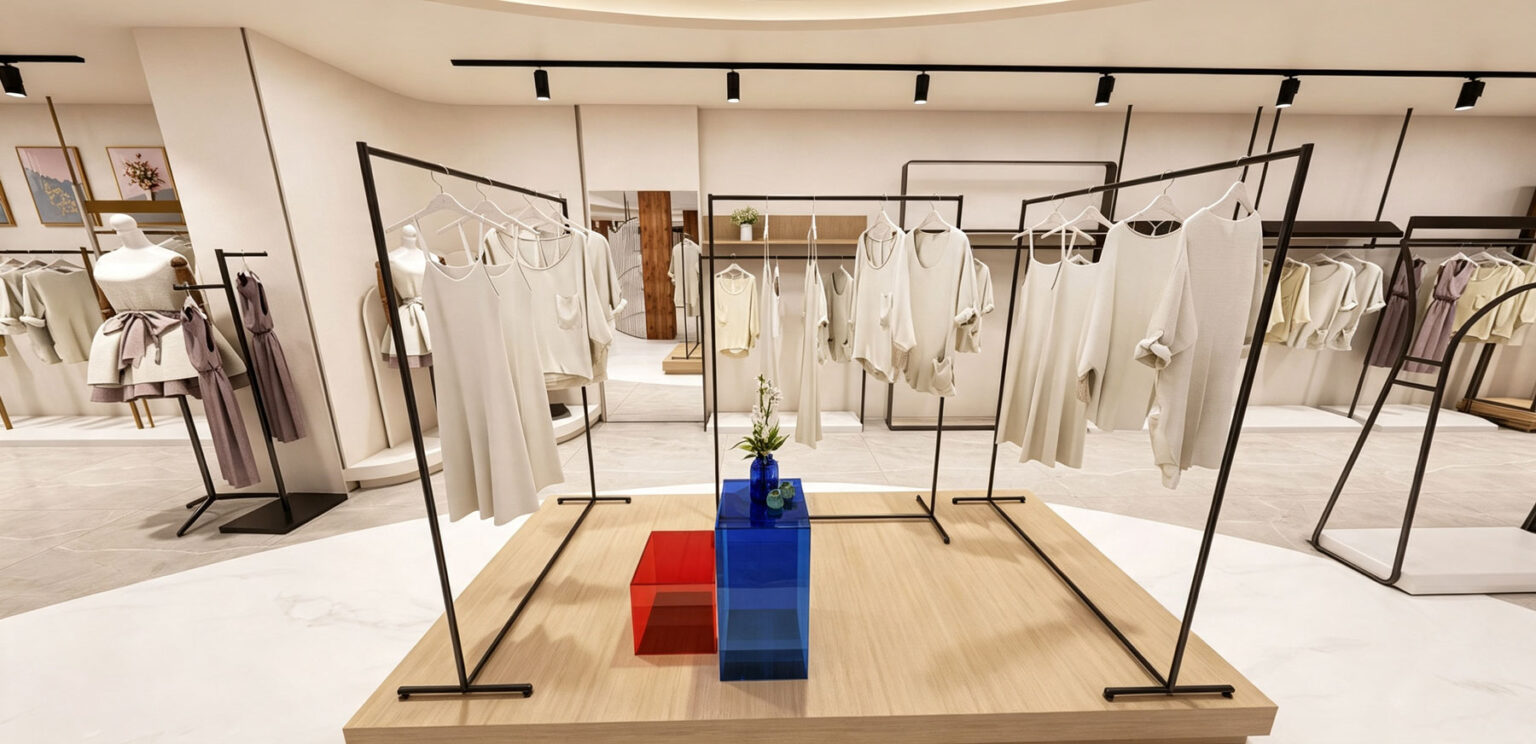 Modern women's clothing store layout featuring black metal freestanding racks, wood shelving units, and LED-lit curved backwall displays.