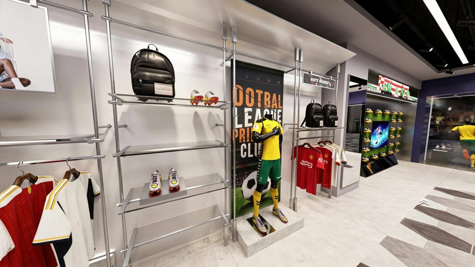 Wide-angle overview of 106 sqm football store showing wall-mounted shoe display, central island racks, and entrance installation