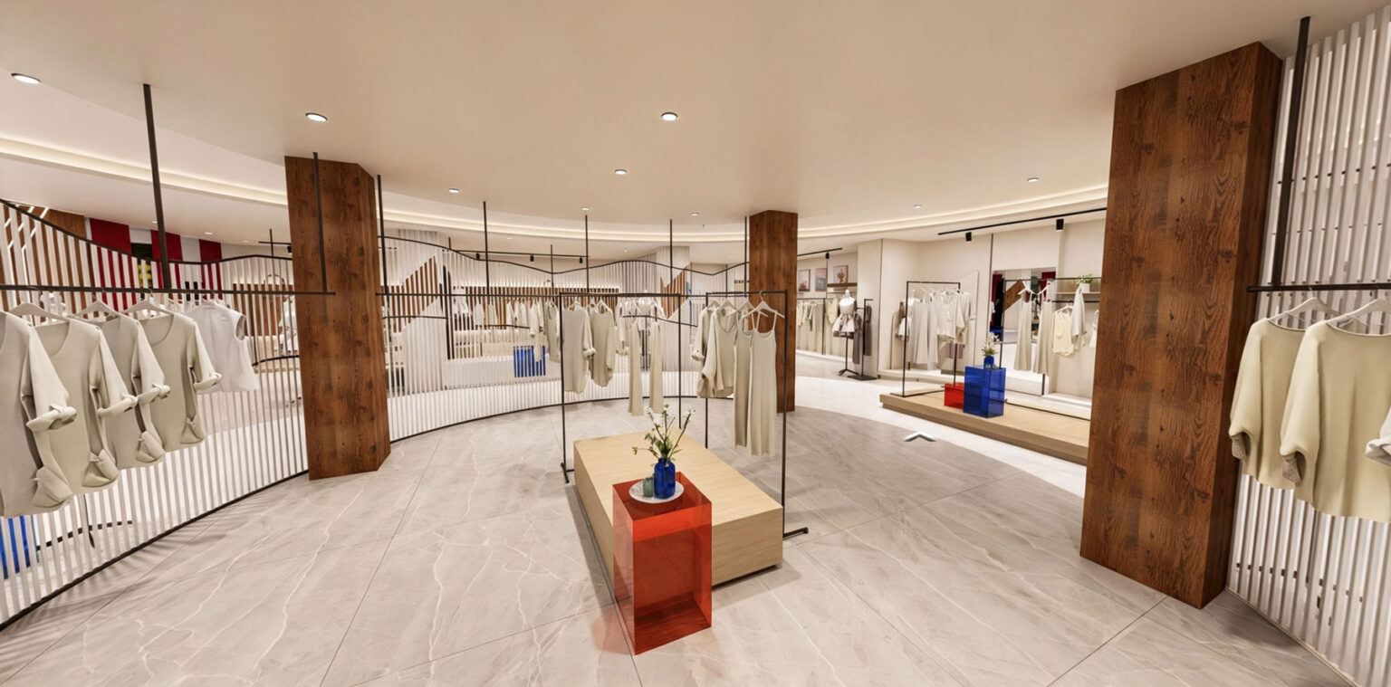 Commercial boutique floor layout with natural wood nesting display tables, black metal garment racks, and potted tropical plants.