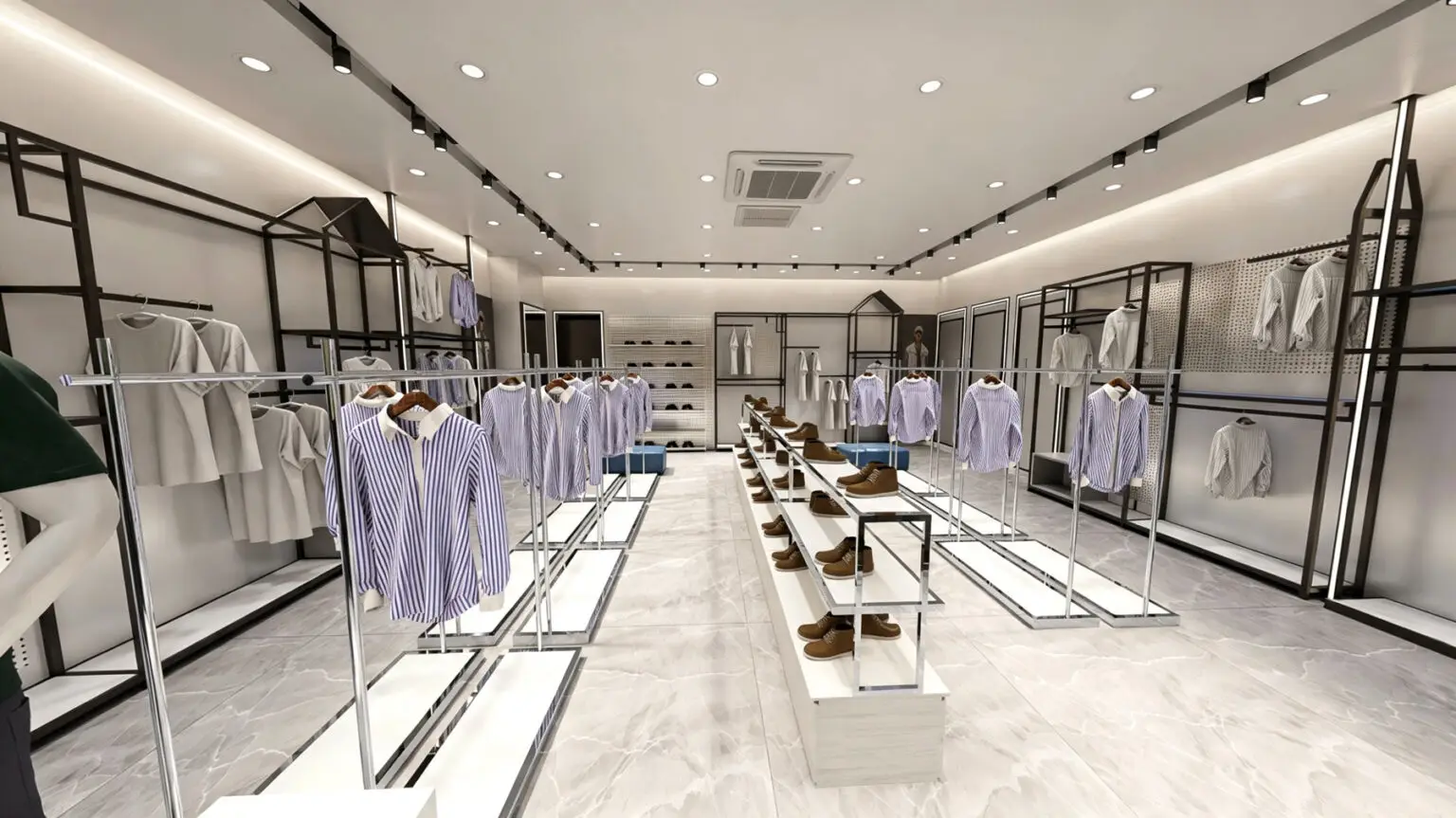 Symmetrical view of 78.5 sqm men's apparel store featuring central stepped footwear display and wall-mounted racks.