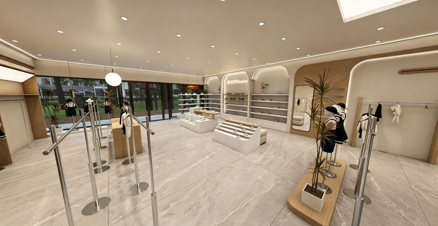 Boutique VIP customer lounge area with sofa seating, tea table, and fluted glass room divider partition