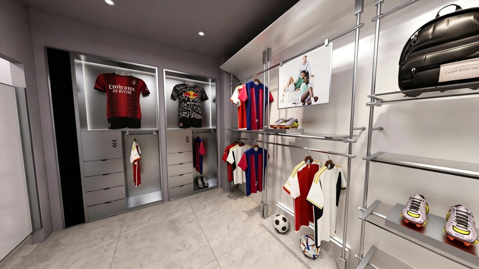 Perspective view across hexagonal tile floor showing suspended jersey racks, artificial turf try-on zone, and cash wrap desk