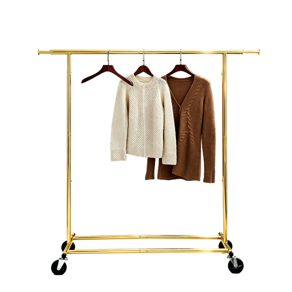 Luxury electroplated gold single rail folding rolling clothing rack for boutique apparel display, 20 lbs lightweight design.