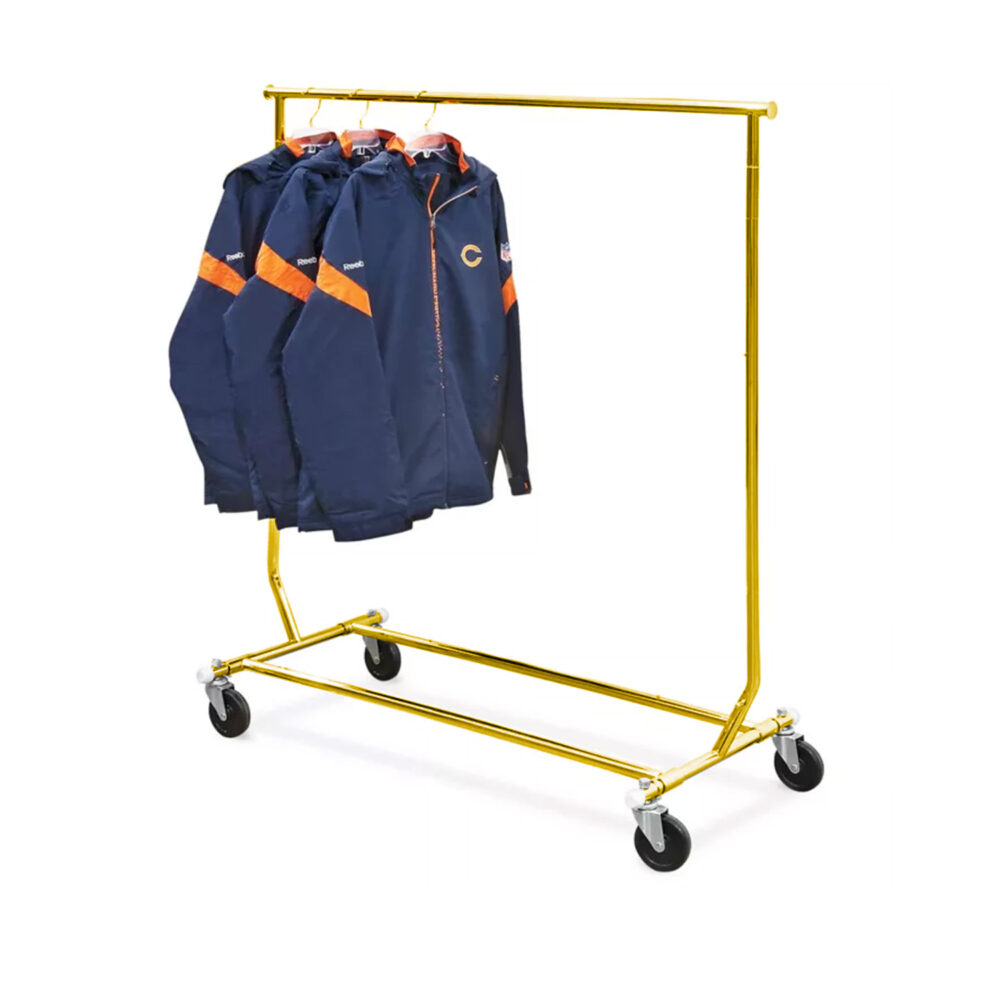 Luxury retail store single rail folding rolling clothing display rack in electroplated gold