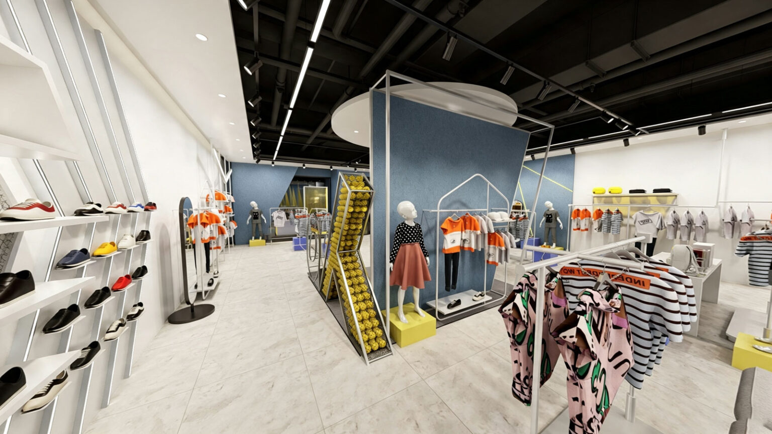 Central store aisle showcasing white metal clothing racks, blue accent feature wall, parent seating lounge, and shoe display shelving
