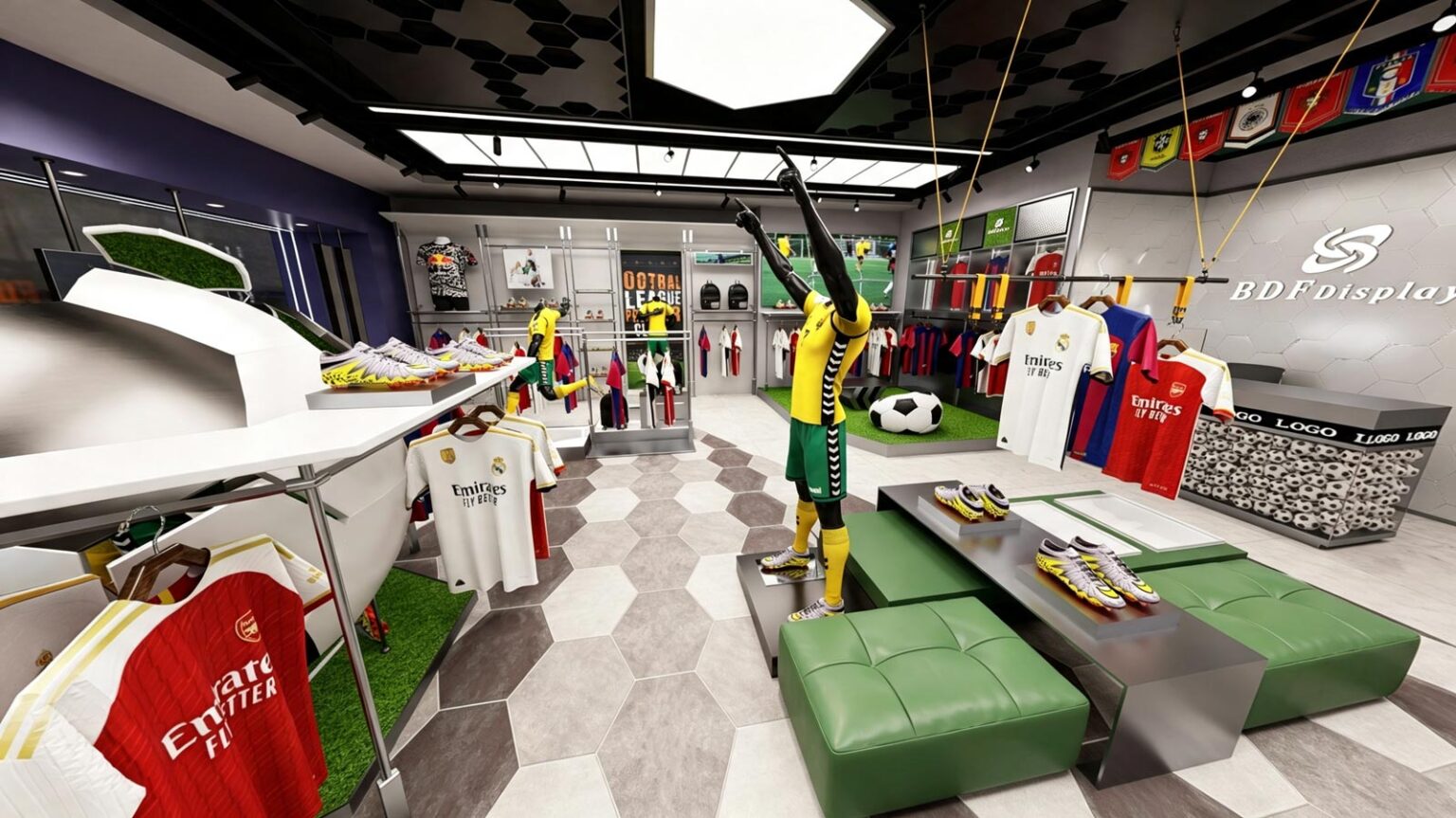 High-angle view of sports store interior featuring green tufted bench seating, soccer shoe display tables, and dynamic mannequin