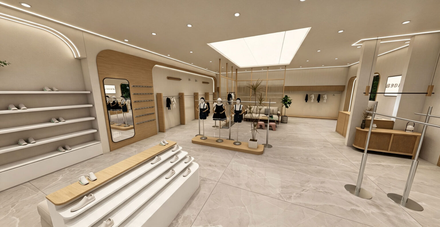 Retail store interior featuring a large ceiling skylight panel, lounge seating, and fluted glass partitions
