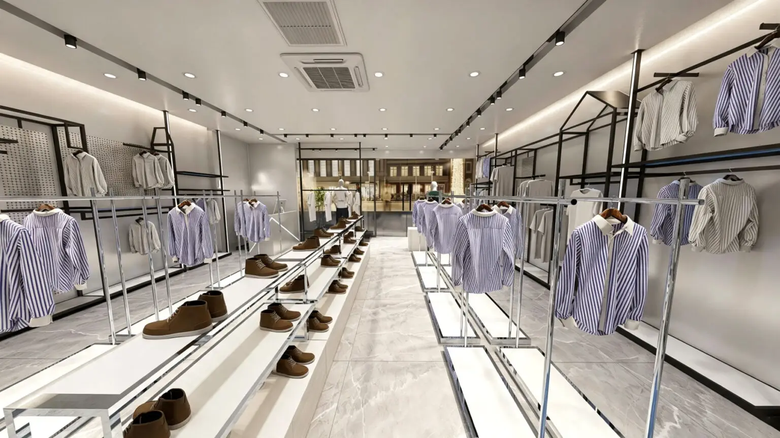 Multi-tier stepped footwear display table and stainless steel island clothing racks in modern menswear store.
