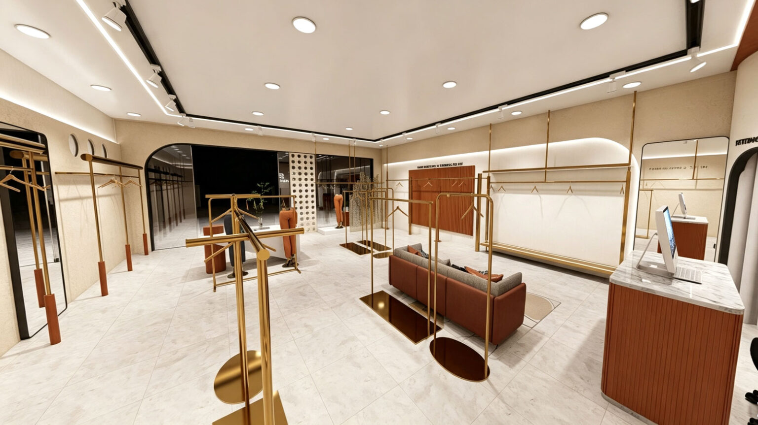 Gold metal frame jeans display shelving with lower hanging rails, cozy waiting sofa, and terrazzo floor detailing