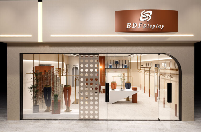 nterior view looking towards the store entrance, showing terracotta fluted wall panel, gold hanging rails, and marble floor tiles