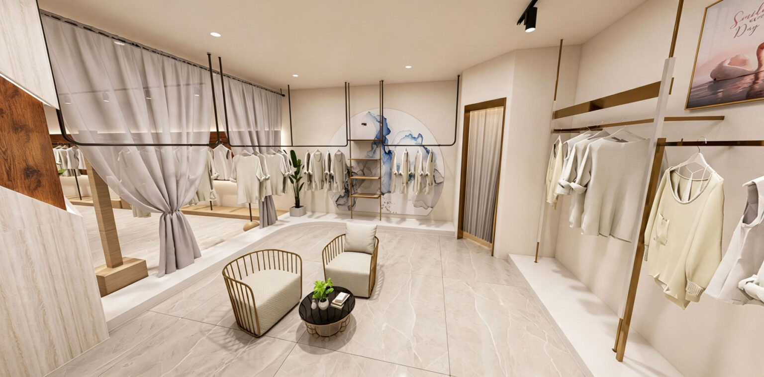 High-end female apparel display area featuring gold wall-mounted clothing rails, artistic backdrops, and curved mesh room dividers.