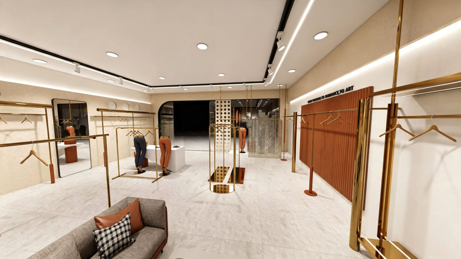 Wall-mounted gold garment rails against textured beige and terracotta fluted feature wall with decorative slogan