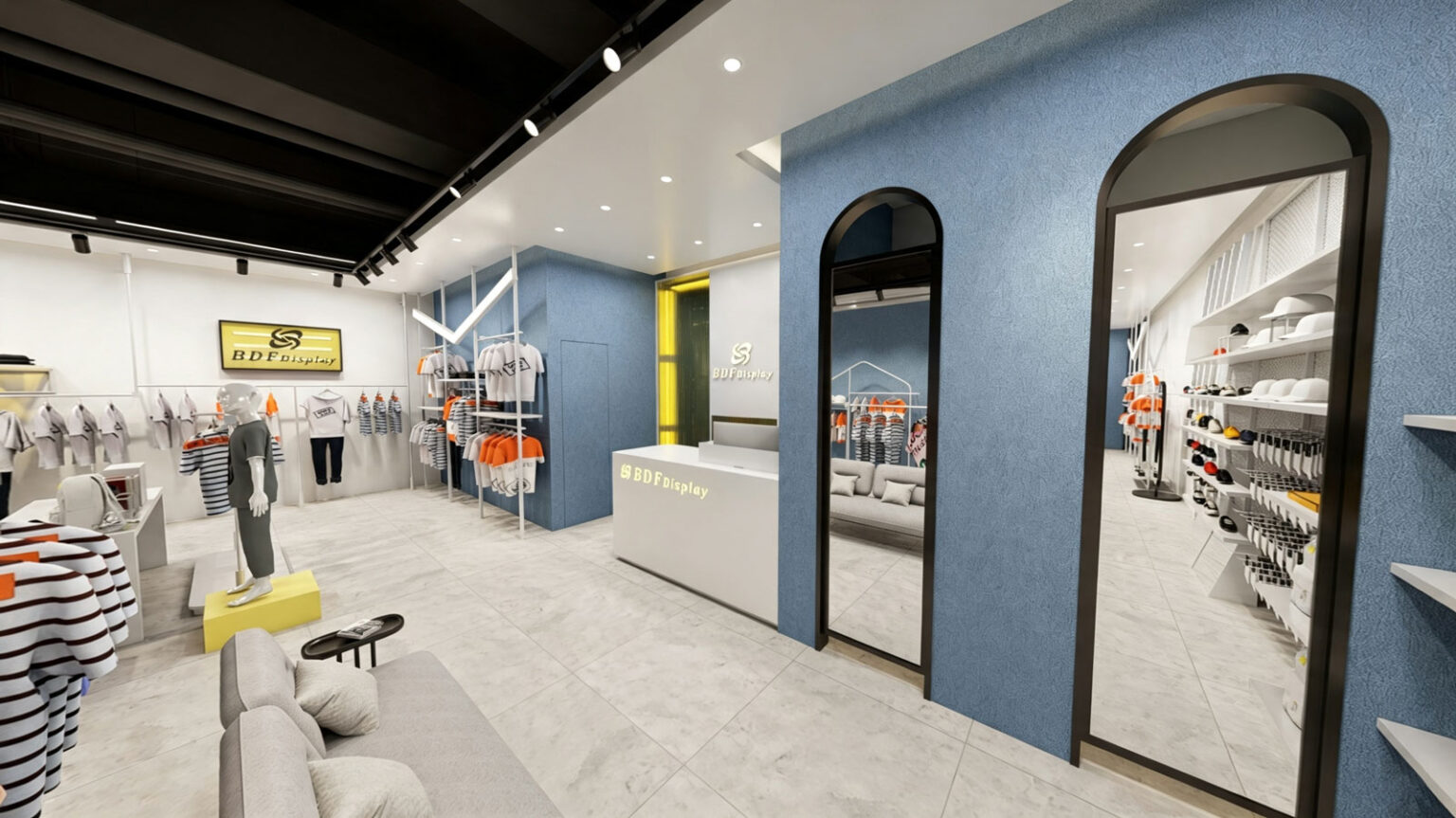 Modern kids clothing store interior with central island garment racks, hanging star decor, and yellow BDFDisplay branding