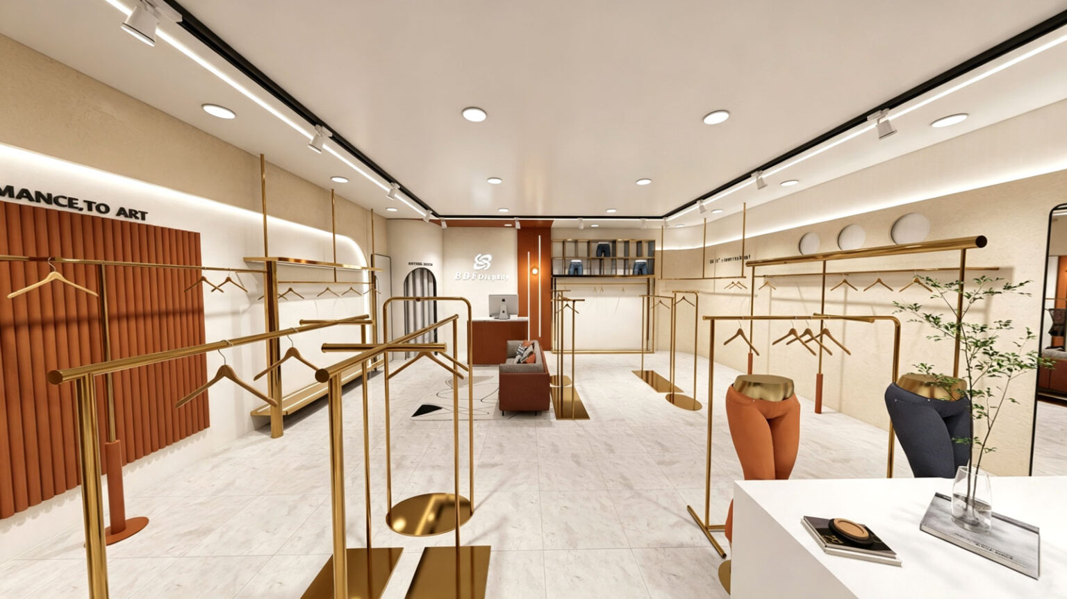 Terracotta fluted cashier desk with marble top, illuminated BDFDisplay backwall logo, and gold shelving unit