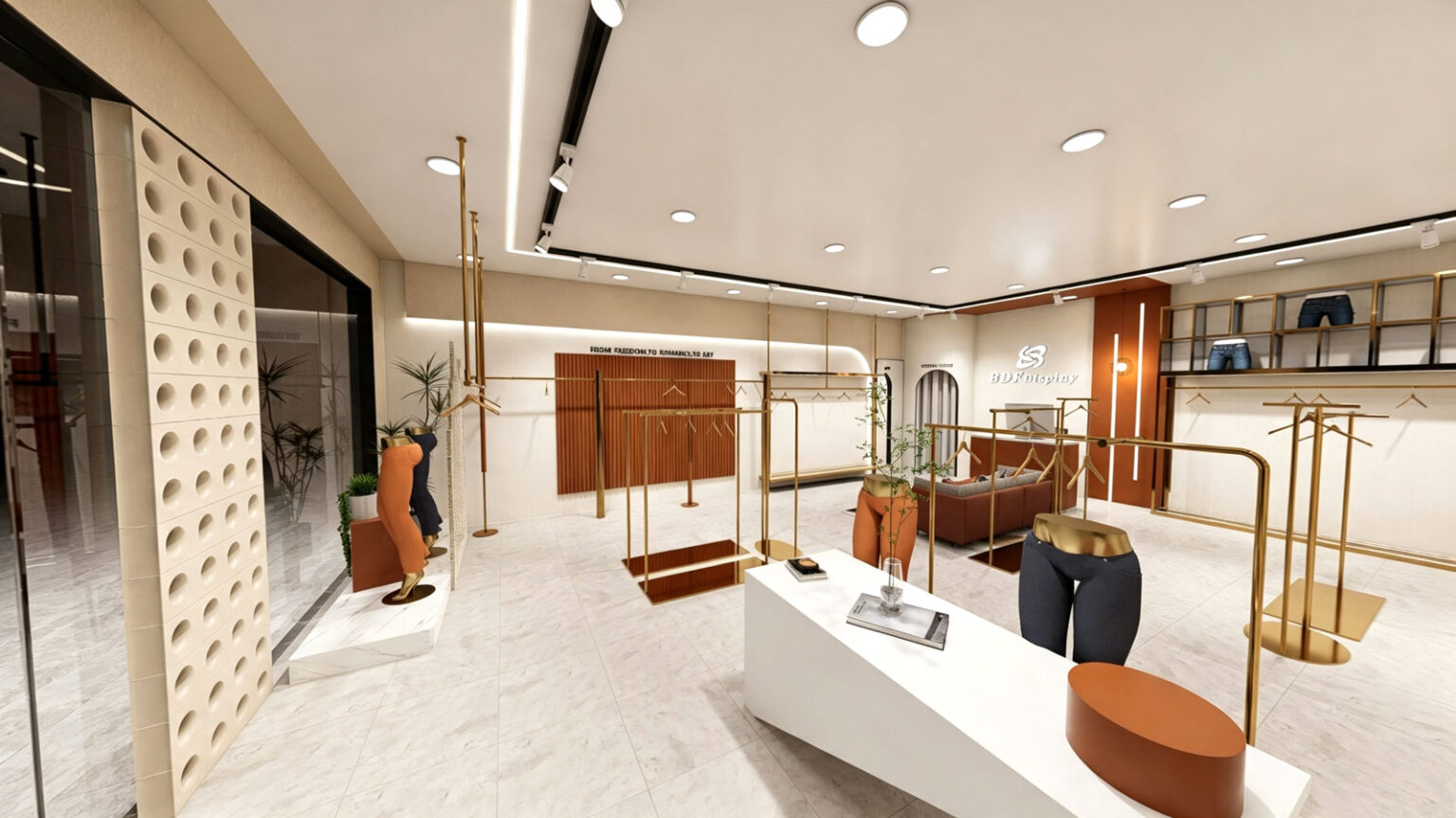 Wide perspective of center floor layout showing gold garment racks, white display island with foliage, and jeans mannequins SEO Title & Description