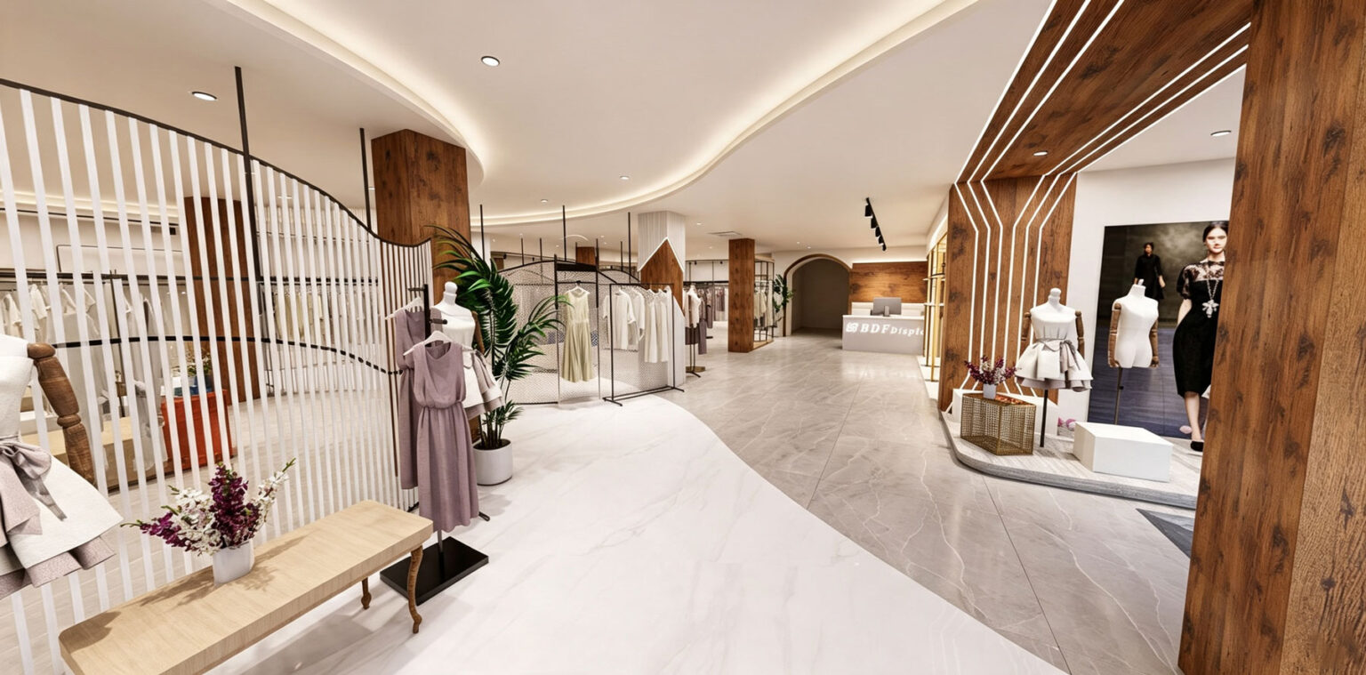 Storefront entrance perspective showing dual-tone marble floor tiling, wood grain pillar wraps, and open-plan boutique fixtures.