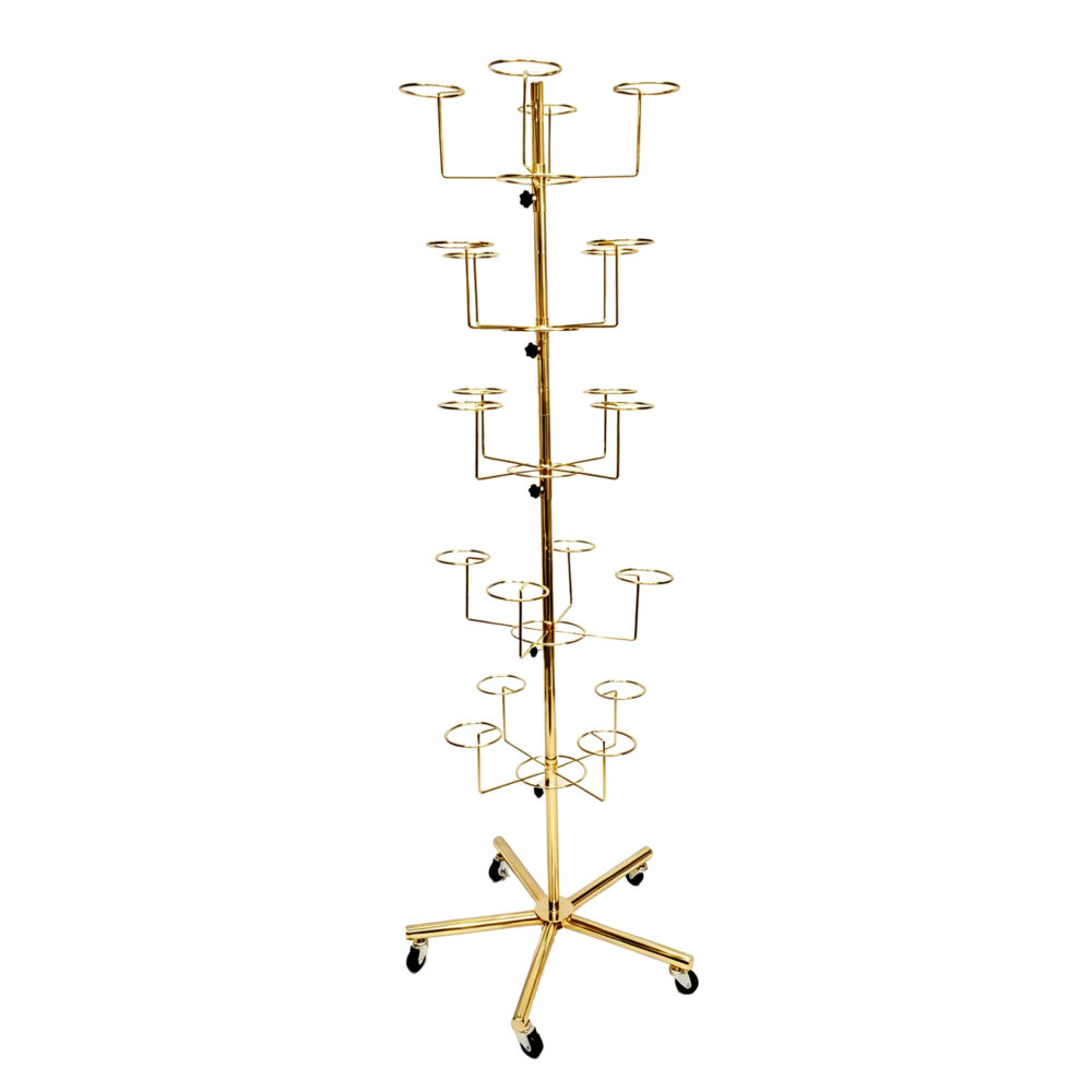 5 tier gold electroplated rotating floor hat display rack on casters