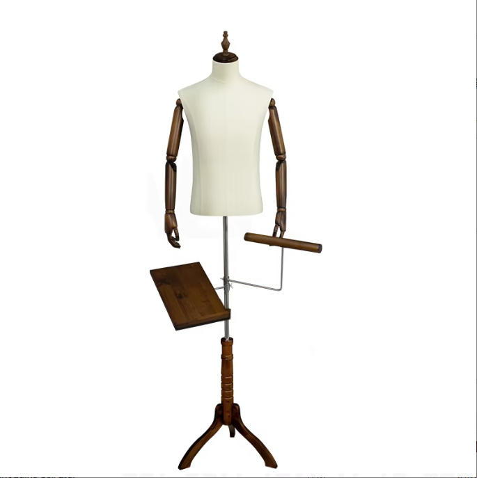 Cream fabric male dress form torso with wooden tripod base and accessory hanging bar