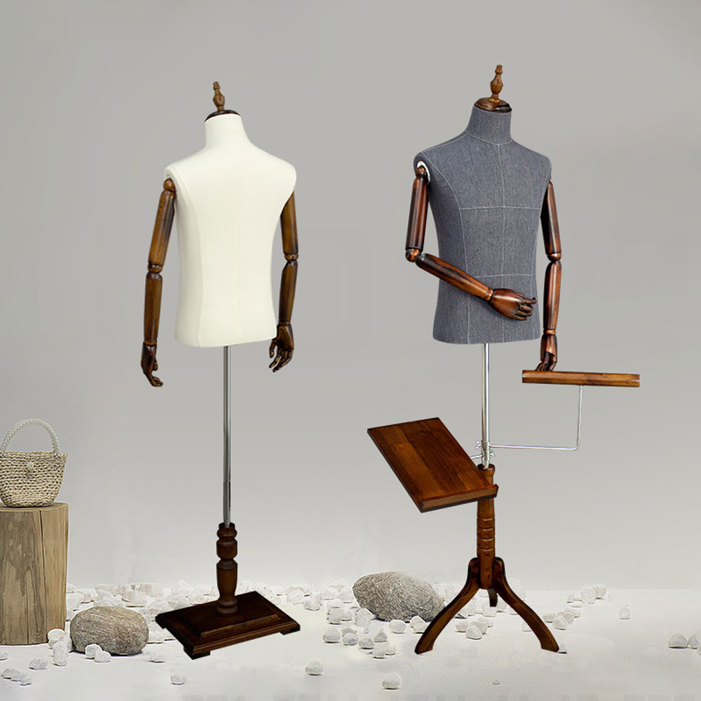 Cream linen fabric male mannequin torso with dark wood articulated arms and square base