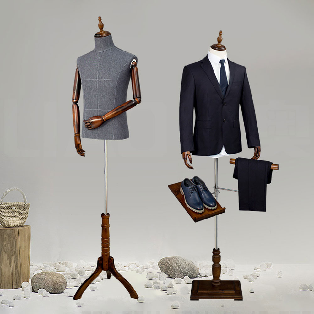 Grey fabric male tailor form mannequin equipped with side shoe shelf and trouser hanger rod