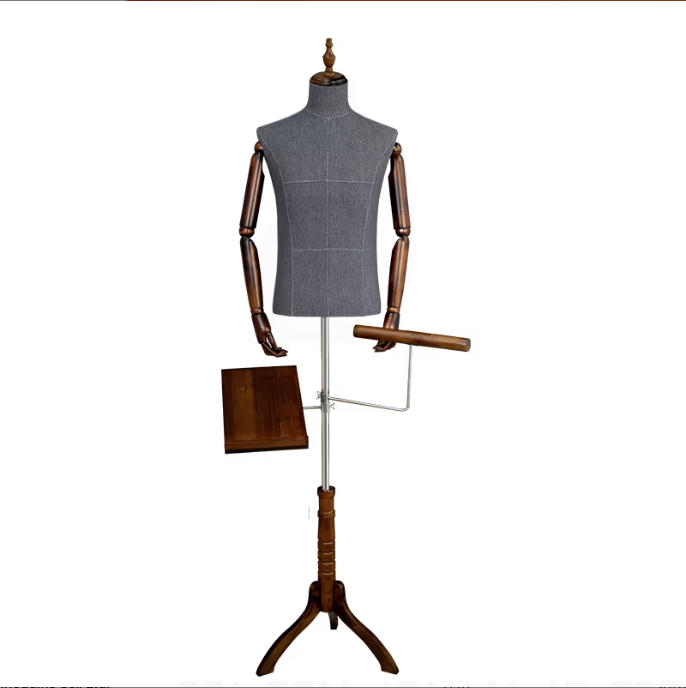 Commercial grey fabric male dress form mannequin displaying men suit, pants, and leather shoes