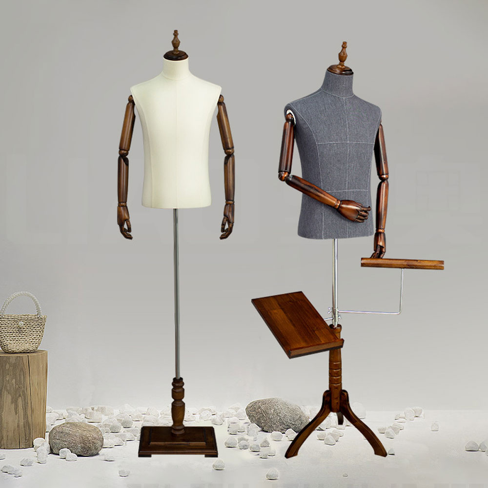 Fabric covered male torso mannequin on wooden tripod stand with shoe tray and trouser rack