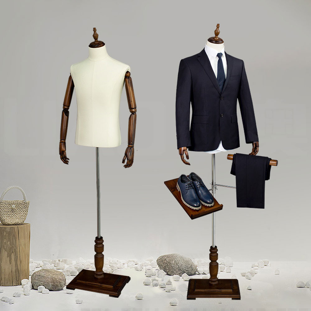 Vintage male suit display mannequin torso with flexible articulated wooden arms for tailoring