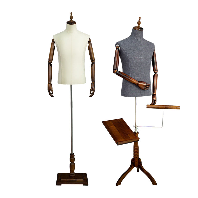 High-end male half body tailor dummy mannequin with flexible wooden arms and stand - MKR-1
