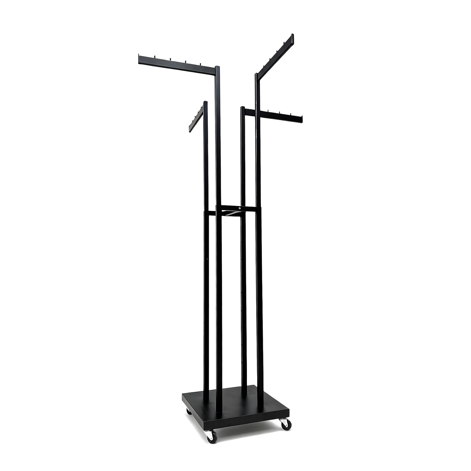 Front perspective view of black 4-way adjustable retail clothing rack on lockable casters - BH-031 bdfdisplay