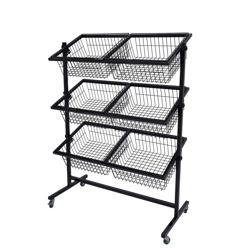 Angled side view of black 6-bin mobile wire basket merchandising rack with locking wheels - BWCH-001