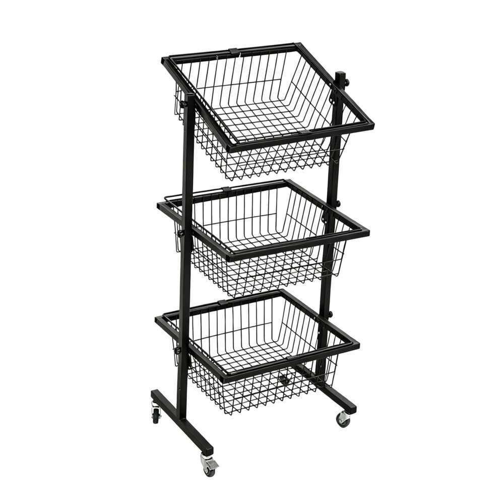 White 3-tier mobile wire basket display cart with angled frame and locking casters - BWCH-006B bdfdisplay