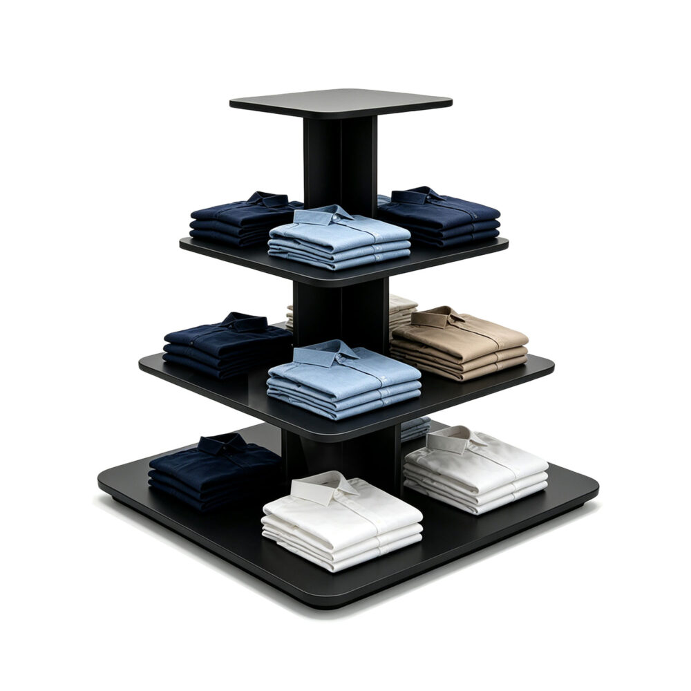 Matte black 4-tier square wooden pyramid table merchandised with folded shirts - BHM-004