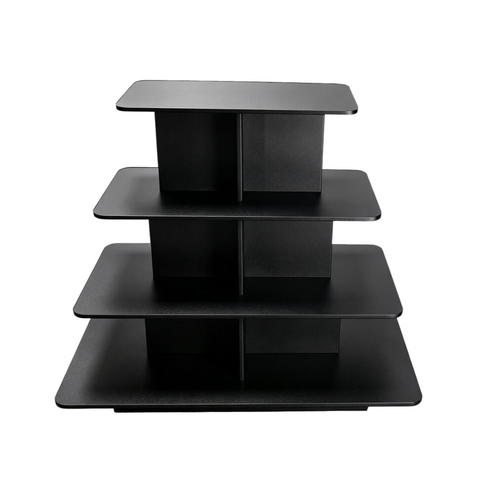 Front view of matte black 4-tier rectangular wooden retail display stand - BHM-005