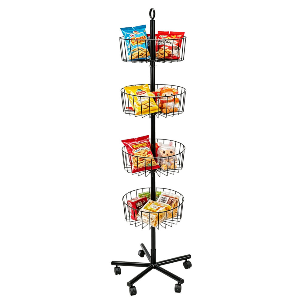 Black 4-tier rotating wire basket display stand loaded with packaged snacks and toys - BWCH-025