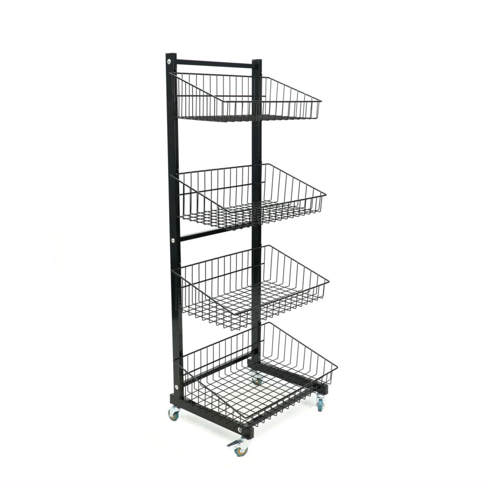 Front isolated view of black 4-tier mobile wire basket display cart - BW-016 BDF Display