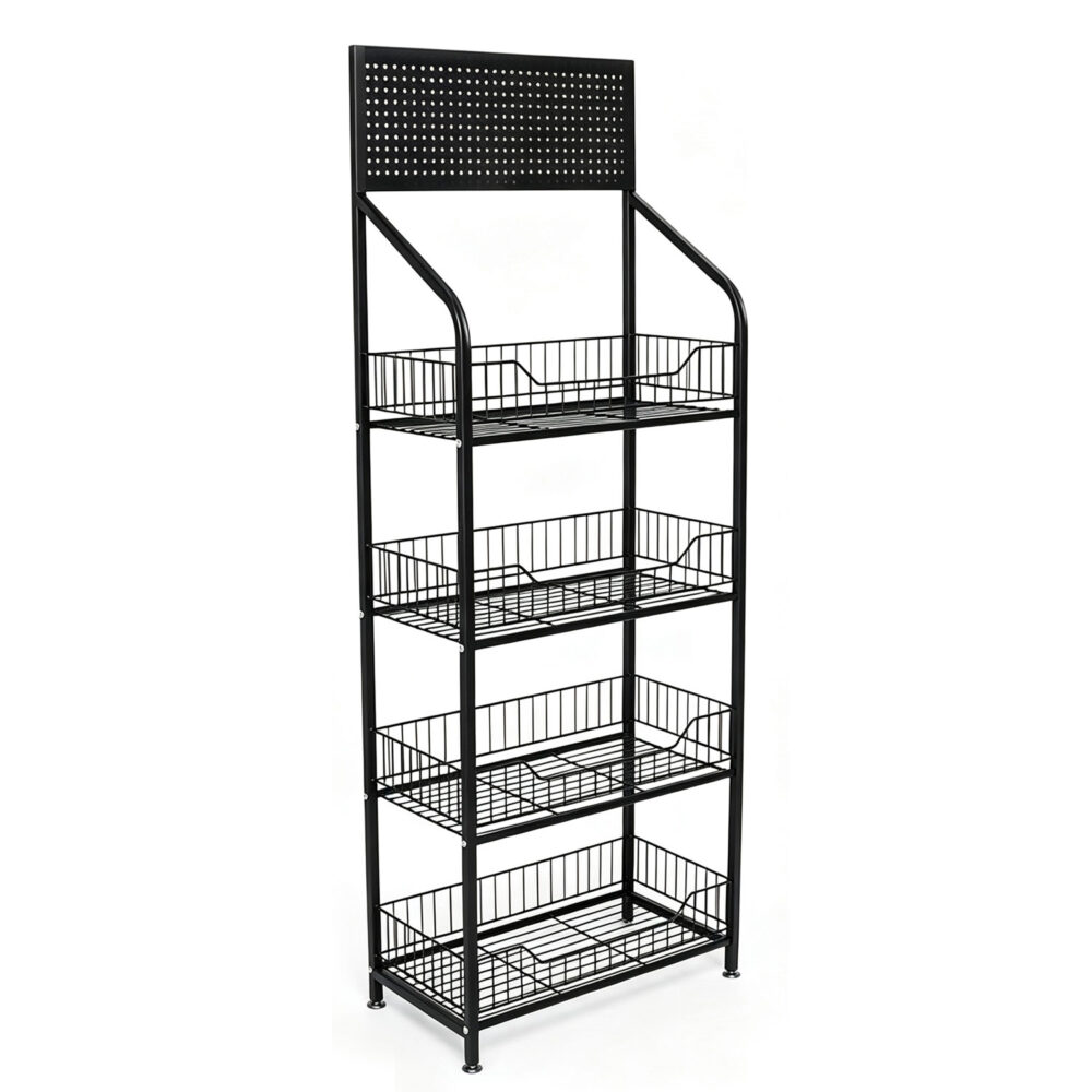 Modern black 4-tier wire basket store display stand with pegboard top - BH-201