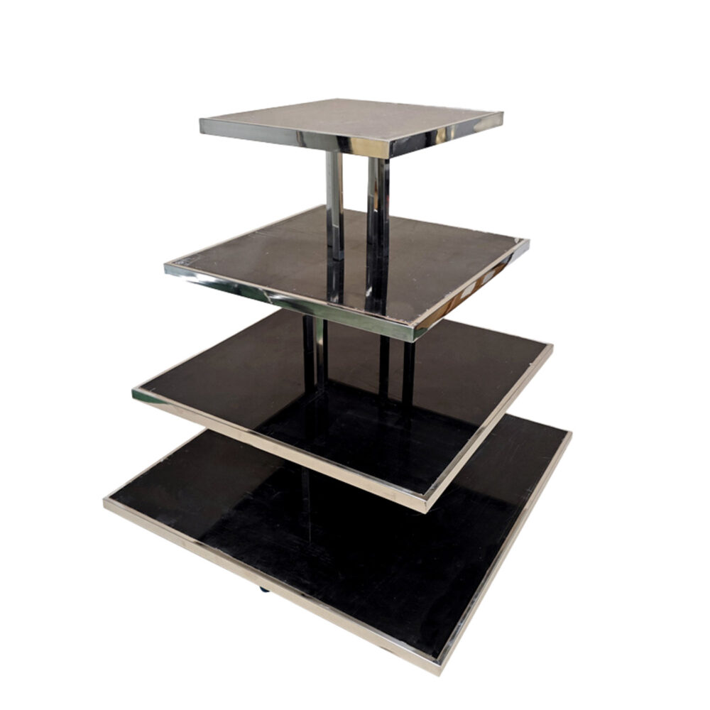 Black 4-tier square pyramid wooden retail merchandise display table with chrome metal frame - LST-4SQ BDF Display